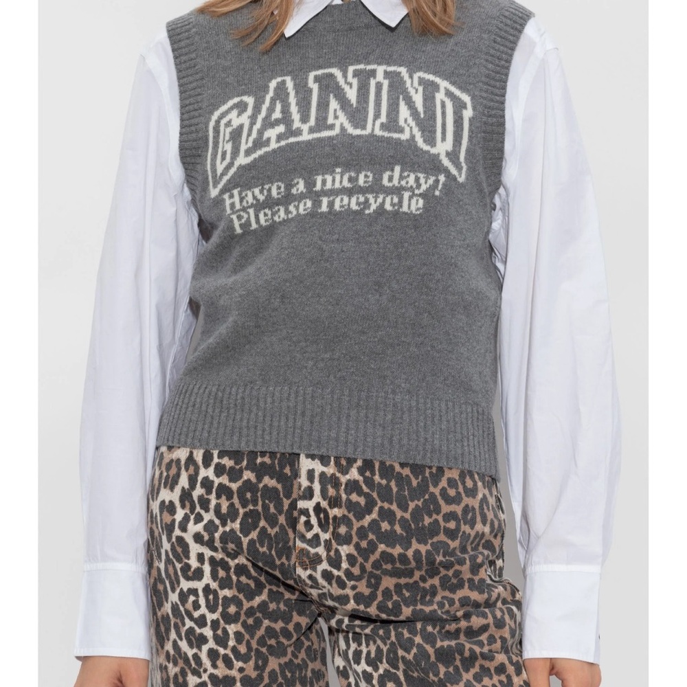 Ganni Charcoal Sweater Vest with White Text